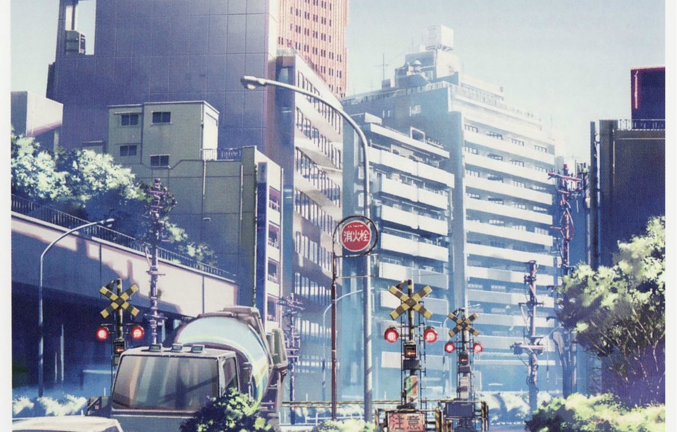 Photo Wallpaper Summer, Trees, Machine, The City, Street, - Makoto Shinkai City - HD Wallpaper 