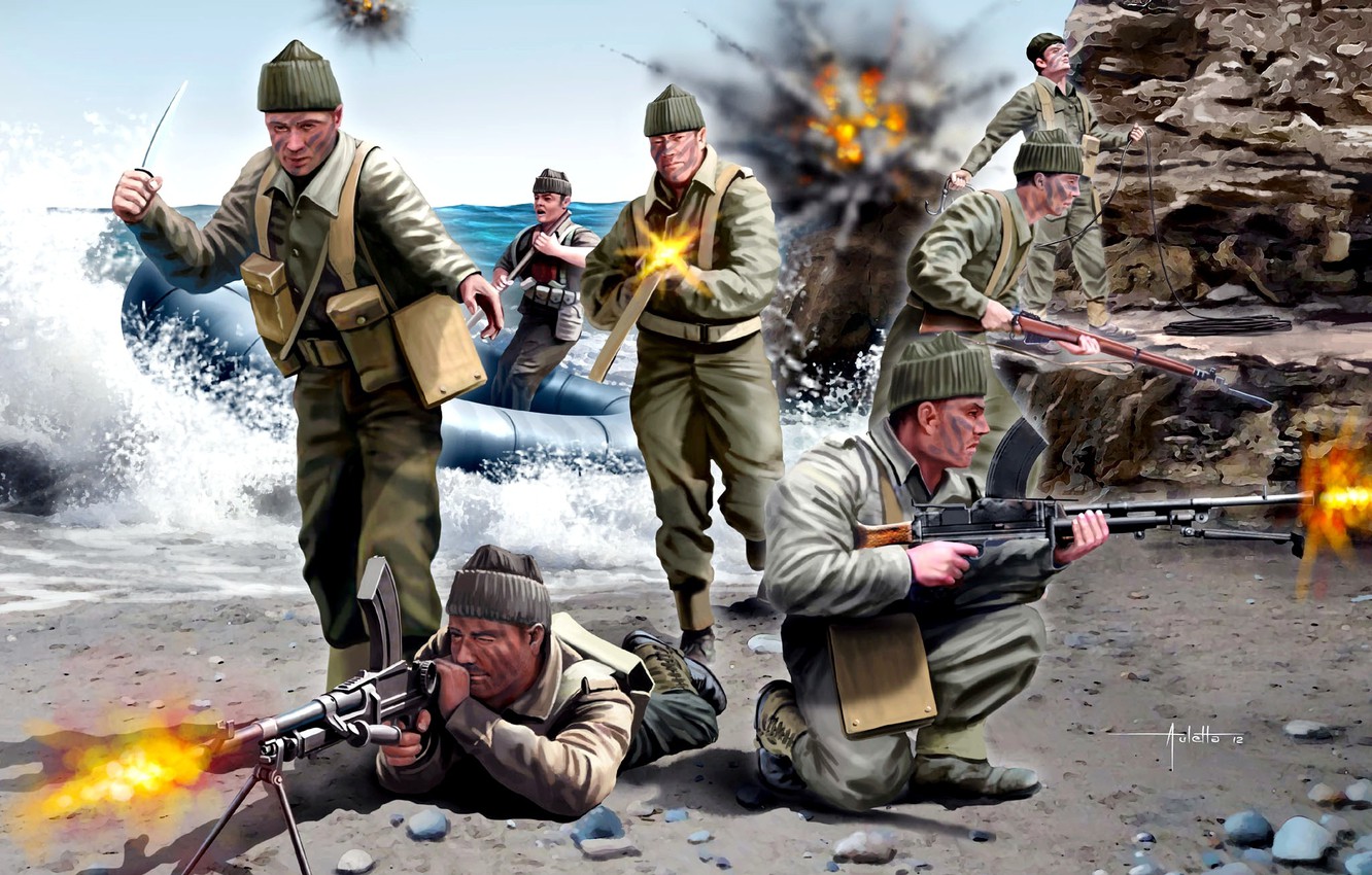 Photo Wallpaper Sea, Weapons, Shore, Figure, Explosions, - Ww2 British Green Beret - HD Wallpaper 