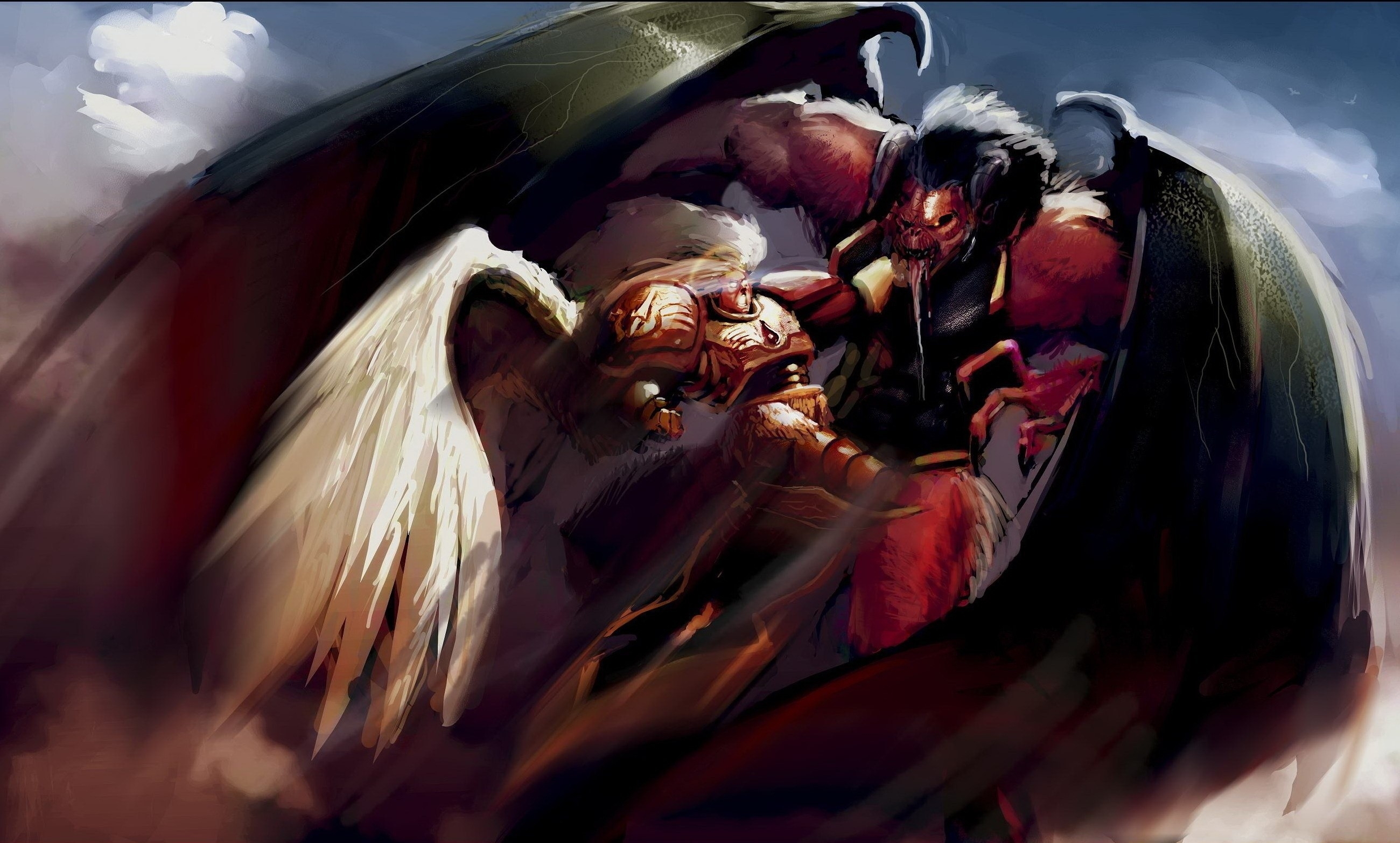 Wings Fight Horns Fantasy Art Armor Artwork Wallpaper - Angel And Demon Fighting - HD Wallpaper 