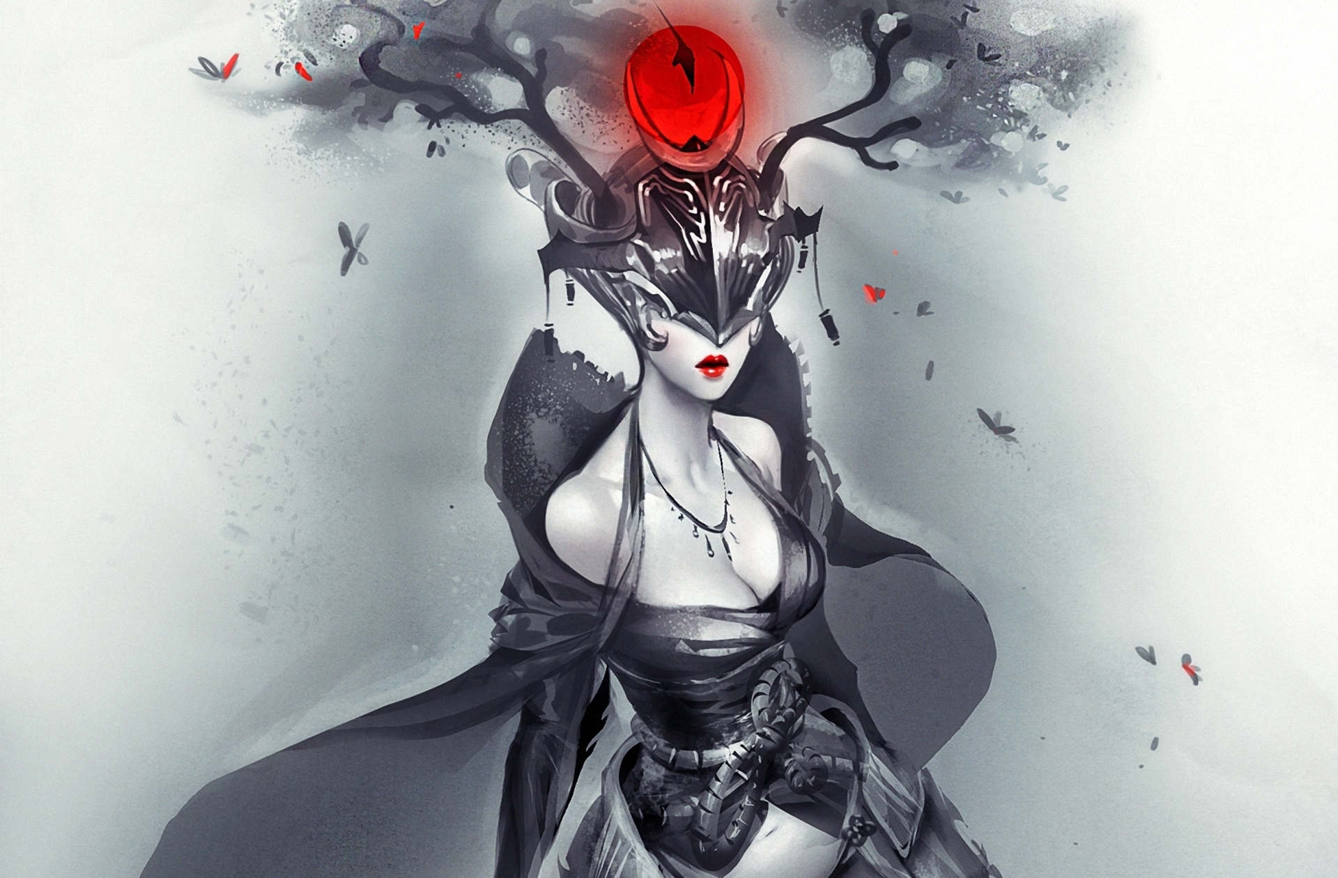 Art, Girl, Helmet, Horn, Black And White, Red - Cascos De Fantasia - HD Wallpaper 