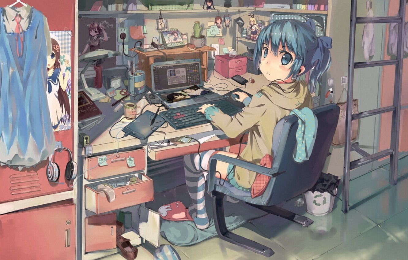 Photo Wallpaper Girl, Wire, Anime, Art, Laptop, Misaka - Anime Girl With Laptop - HD Wallpaper 