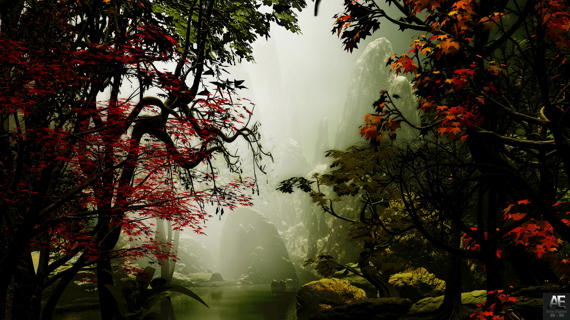 Wallpaper Trees, Autumn, Fog, Art, Rocks - Autumn Fog - HD Wallpaper 