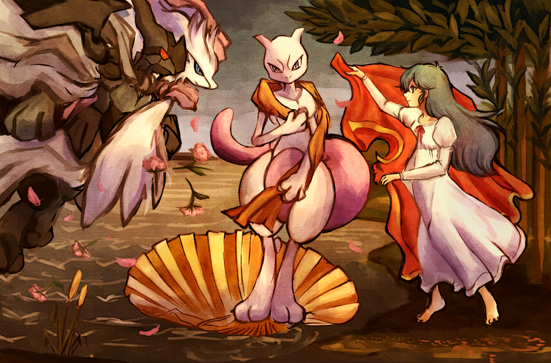 Flowers Green Eyes Green Hair Mewtwo Parody Pokemon - Birth Of Venus Parody - HD Wallpaper 