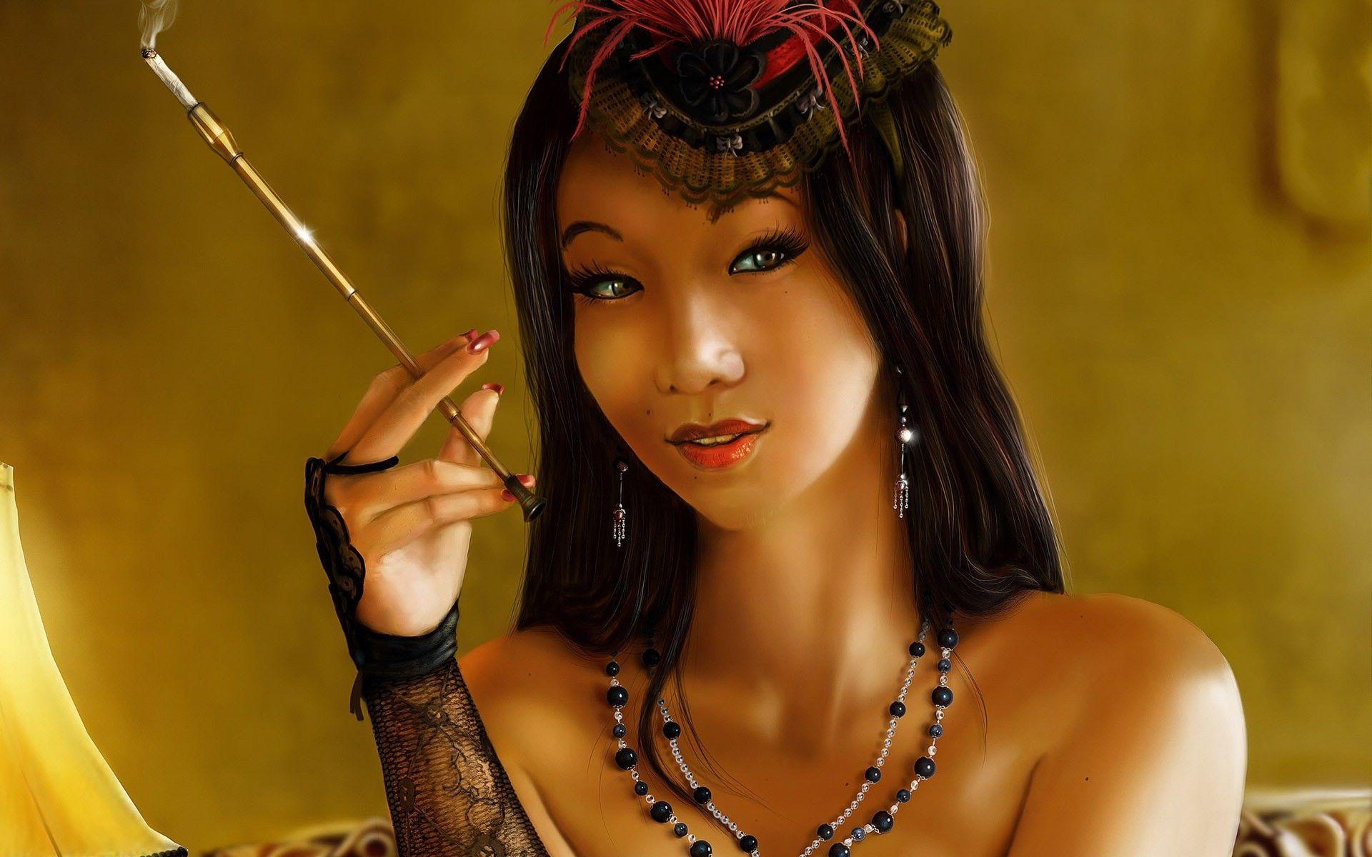 Hd Modern Geisha Wallpaper - Fantasy Smoking Girl Art - HD Wallpaper 