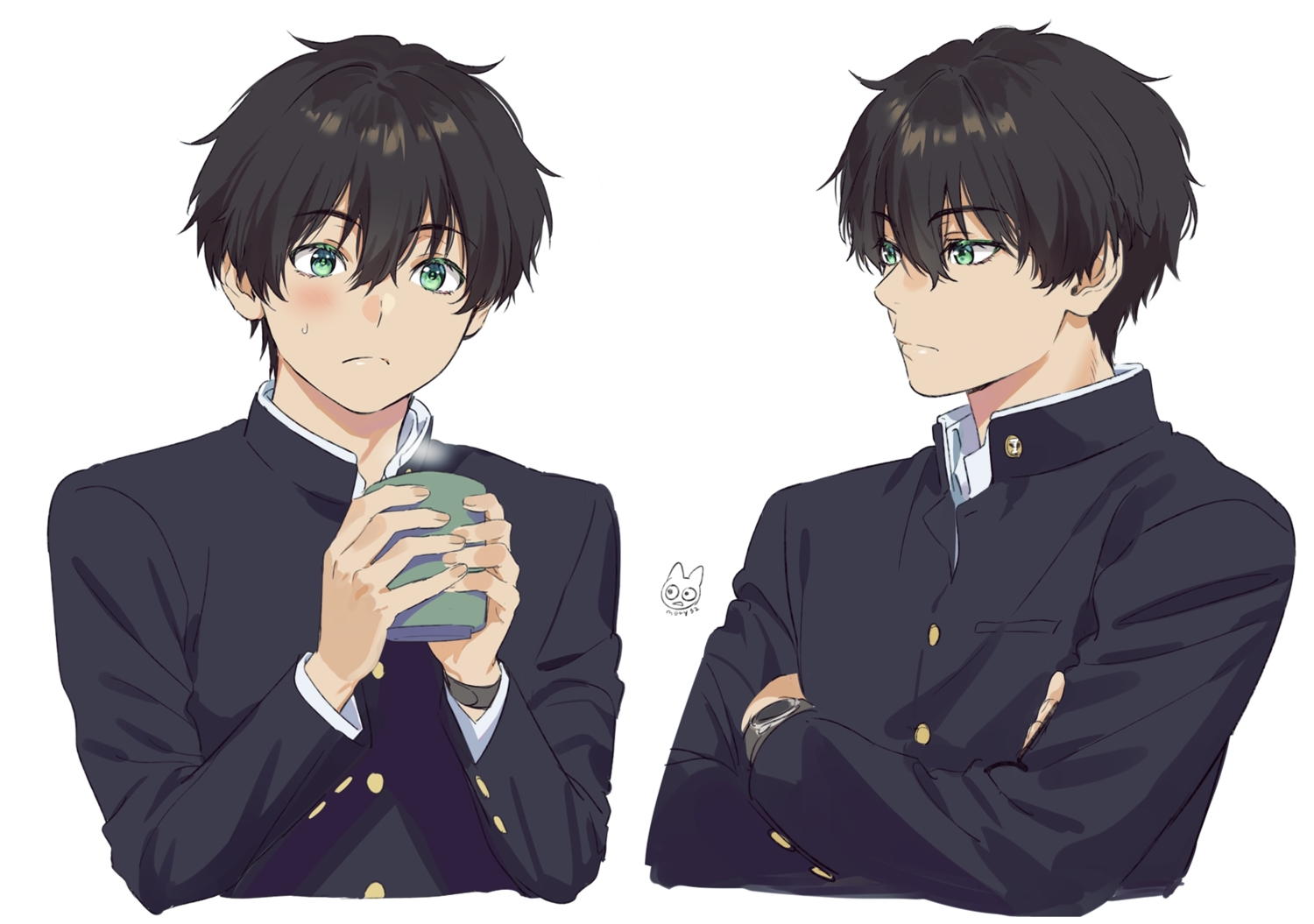 All Male Black Hair Blush Drink Green Eyes Hyouka Male - 1500x1055  Wallpaper - teahub.io