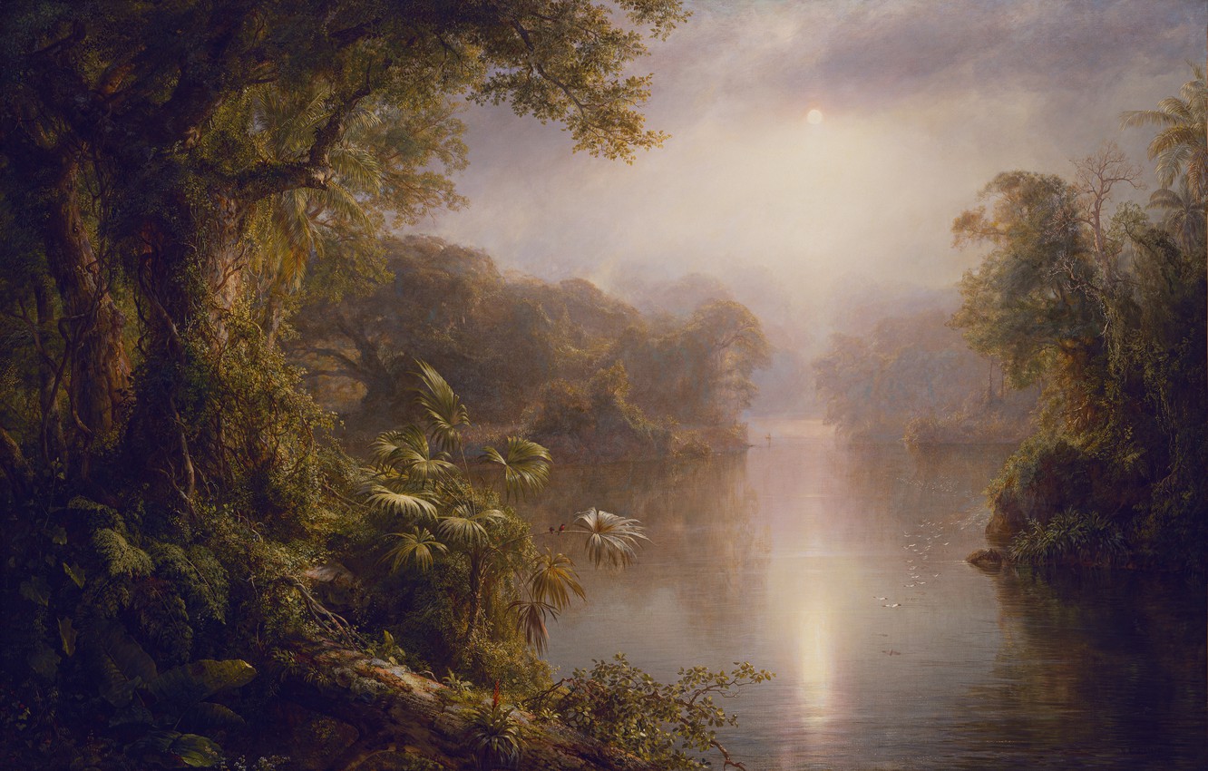 Photo Wallpaper Forest, Landscape, Birds, River, Dawn, - Frederic Edwin Church River Of Light - HD Wallpaper 