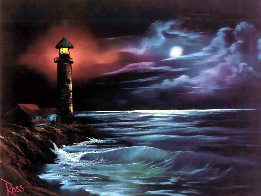 Bob Ross - Bob Ross Light House At Night - HD Wallpaper 