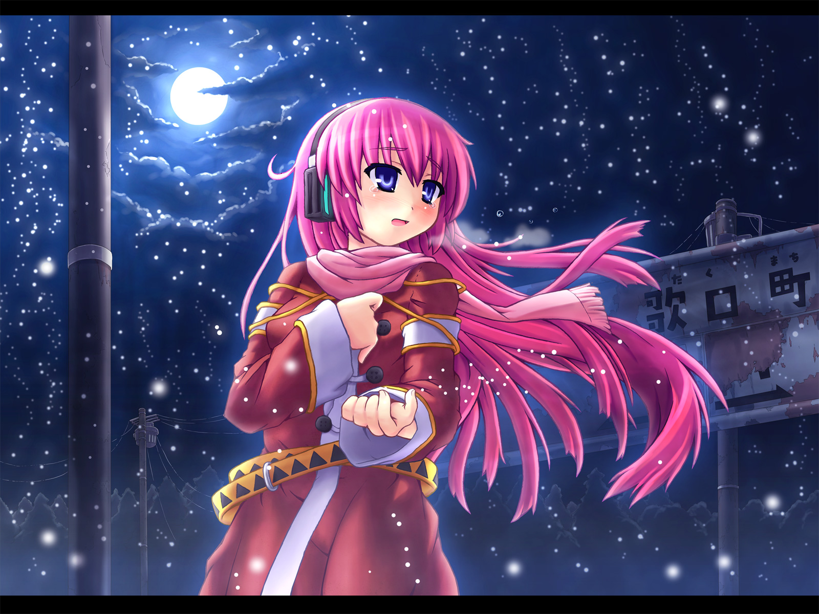 Etogami Kazuya Megurine Luka Scarf Vocaloid - Anime Girl Wallpaper Night Winter - HD Wallpaper 