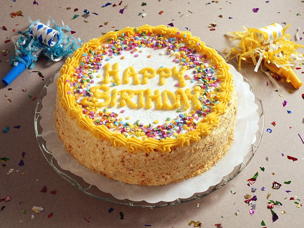 Yellow Happy Birthday Cake - HD Wallpaper 