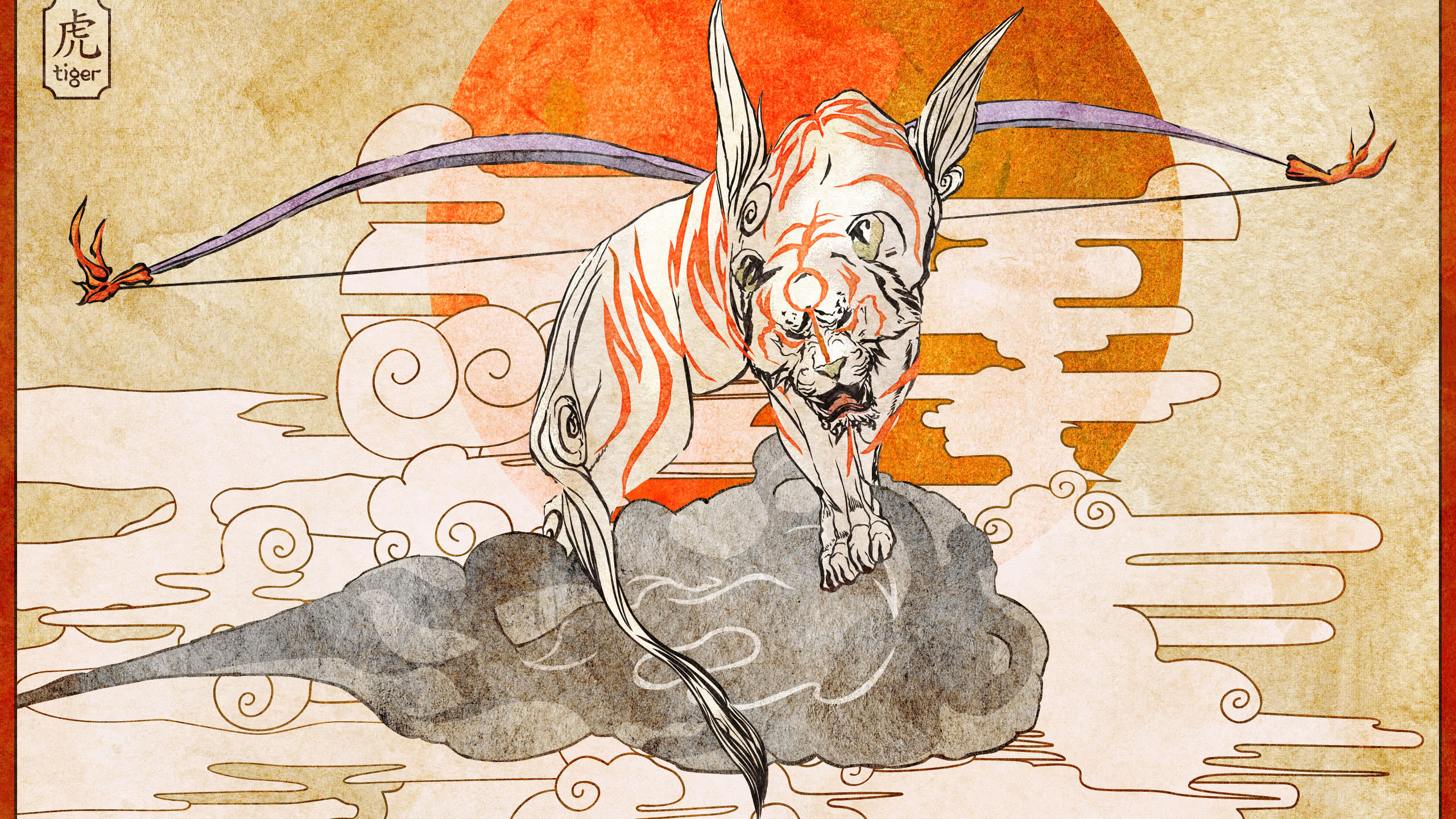 Japanese Art Kami Tiger Wqhd 1440p Wallpaper - Okami Gekigami - HD Wallpaper 