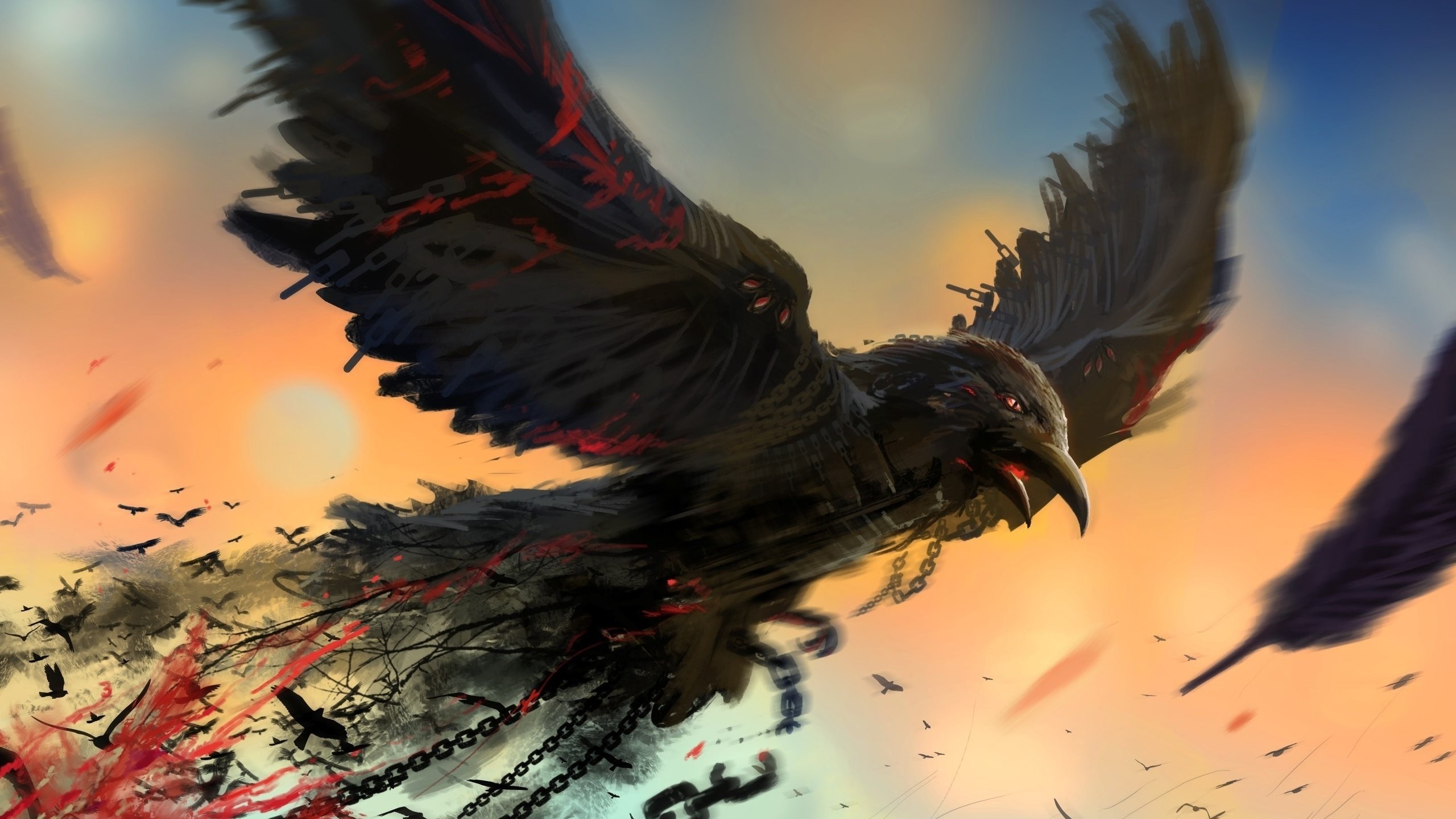 2560x1440, Birds, Chains, Artwork, Crow, Blood, Digital - Crow Wallpaper Hd - HD Wallpaper 