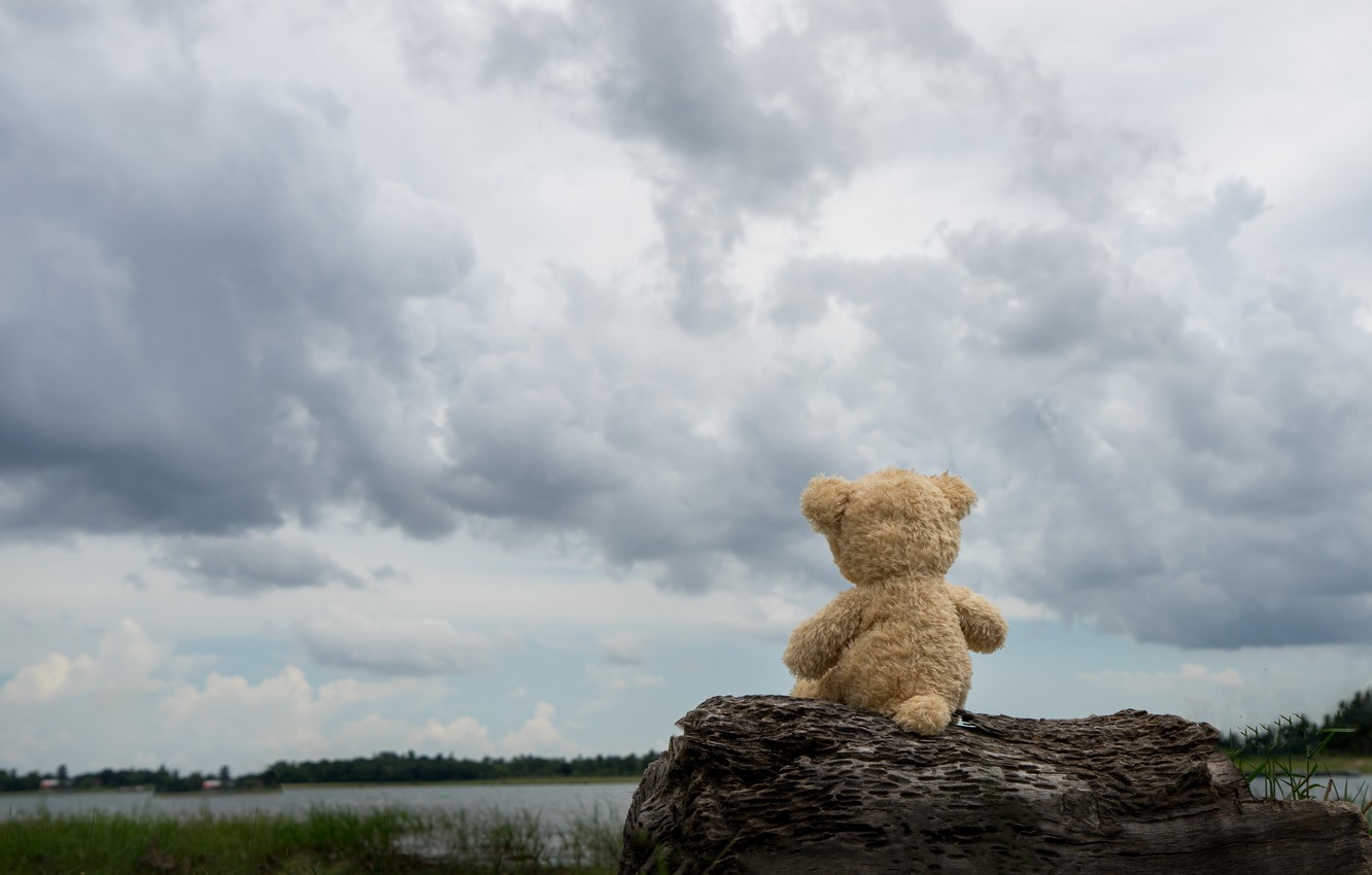 Photo Wallpaper Sand, Sea, Beach, Clouds, Toy, Bear, - Cloudy Sky Teddy Bear - HD Wallpaper 