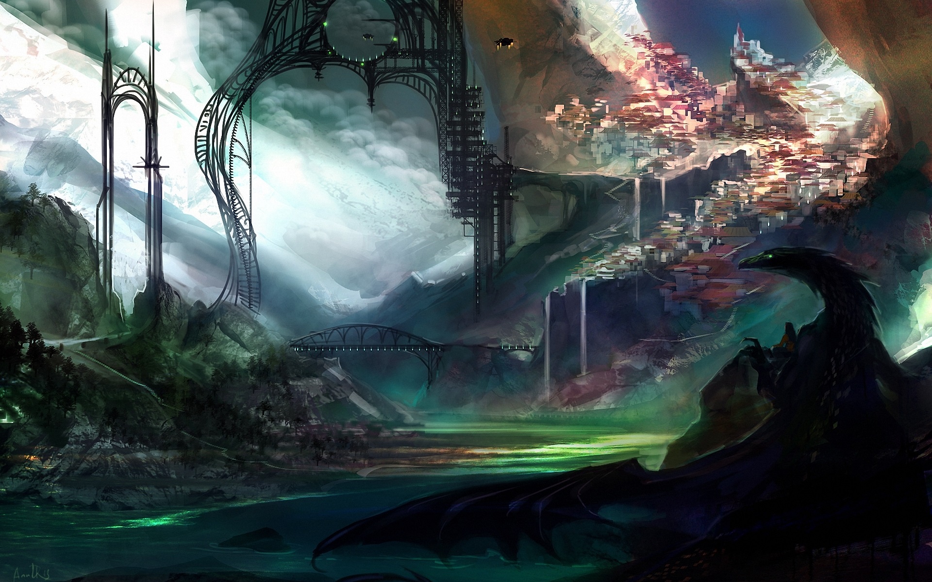 Wallpaper Art Drawing, City, Dragon, Morden - 世界 の ドラゴン - HD Wallpaper 