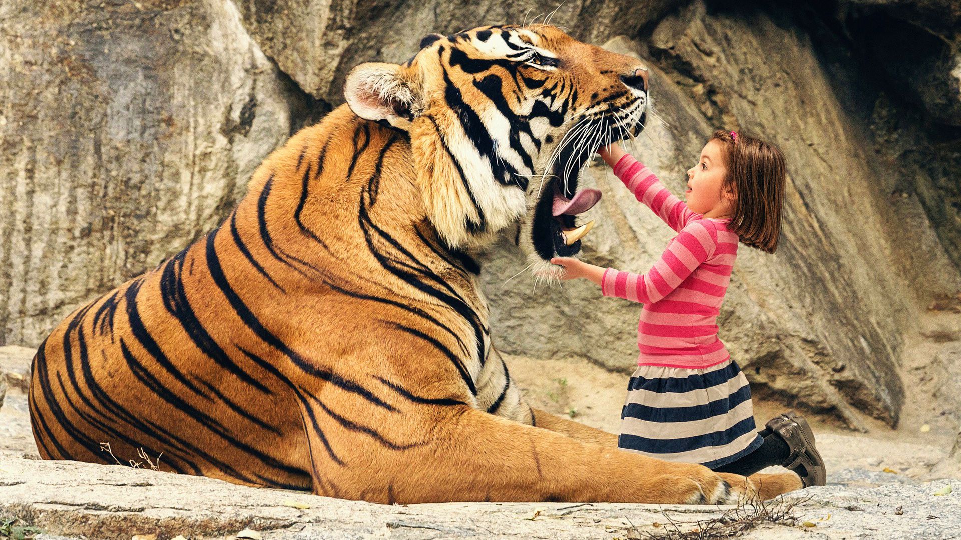 Girl Looking Inside Tiger Mouth - HD Wallpaper 