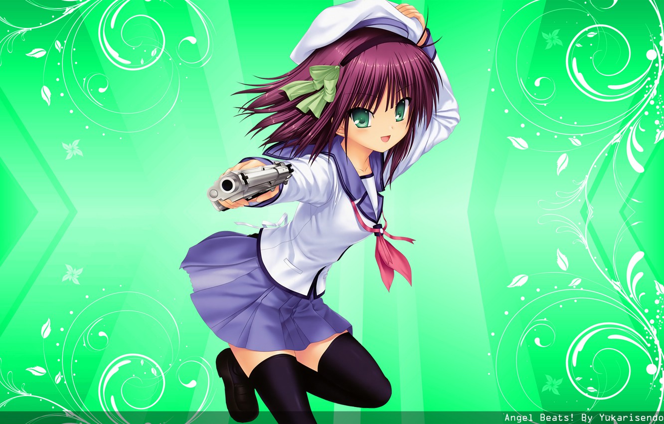 Photo Wallpaper Gun, Stockings, Takes, Green Eyes, - Angel Beats - HD Wallpaper 