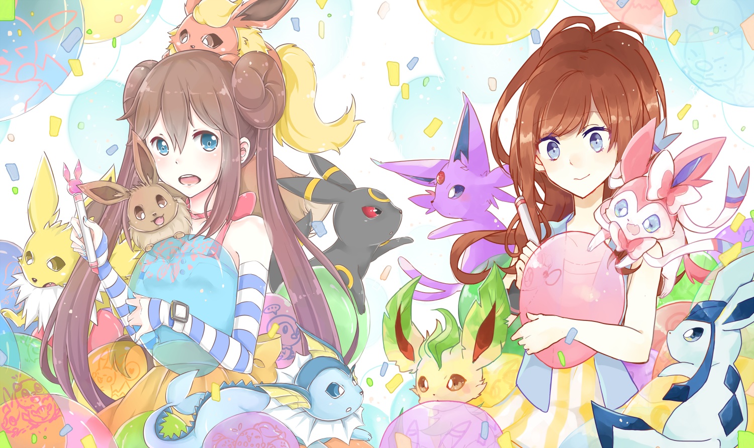 2girls Blue Eyes Brown Eyes Brown Hair Choker Eevee - Eevee Pokemon Anime Girls - HD Wallpaper 