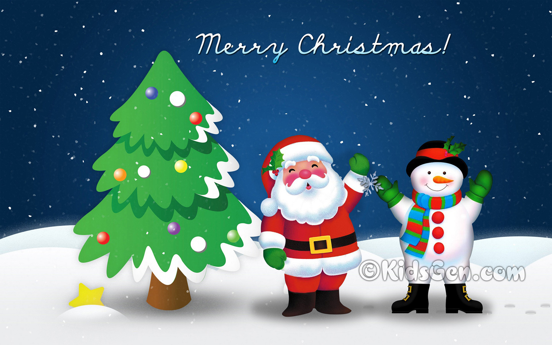 Santa And Snowman In Christmas Night - Merry Christmas Wallpaper Kids - HD Wallpaper 