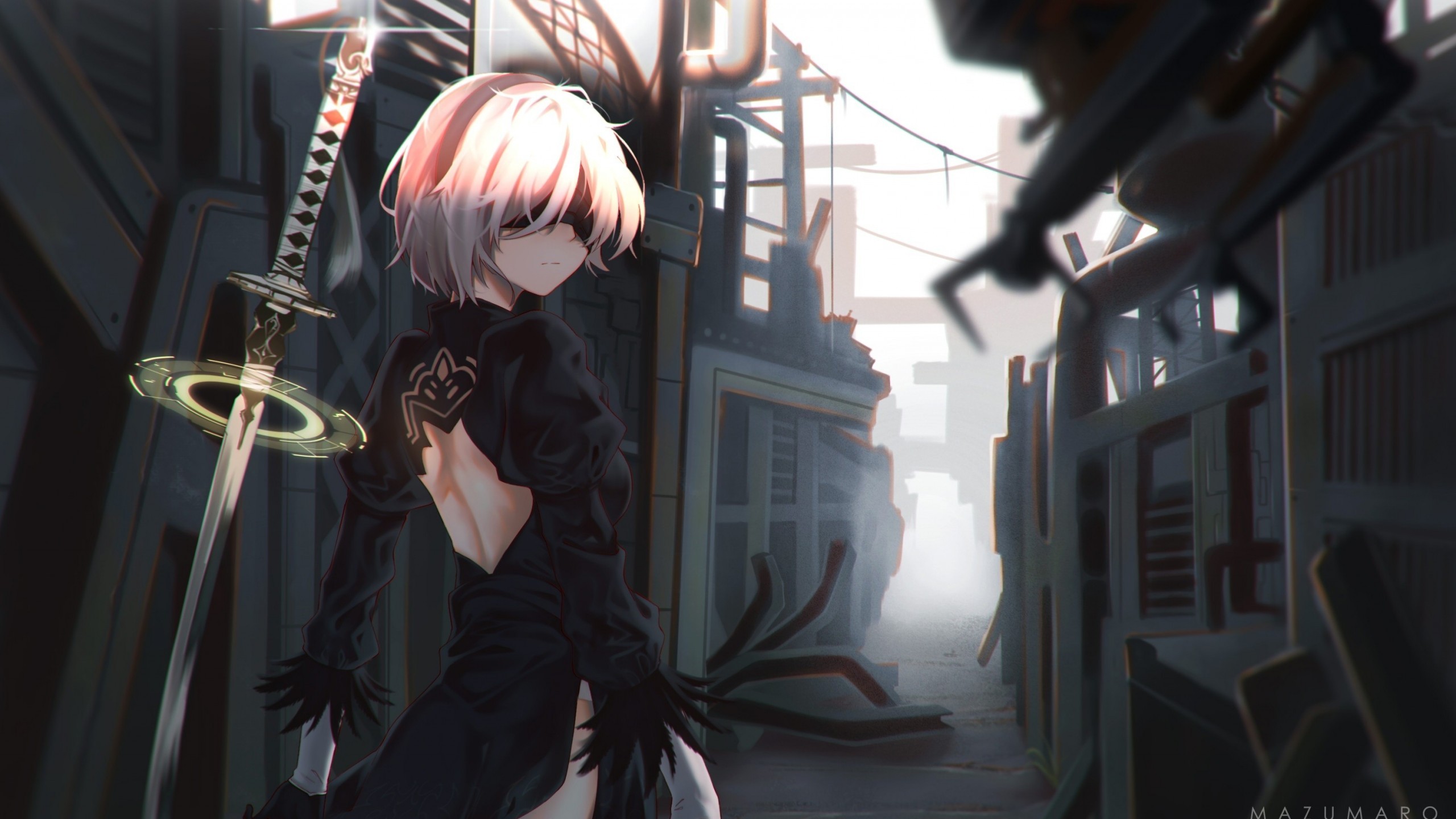 Automata, 2b, Eyepatch, Sword, Black Dress, White Hair, - HD Wallpaper 