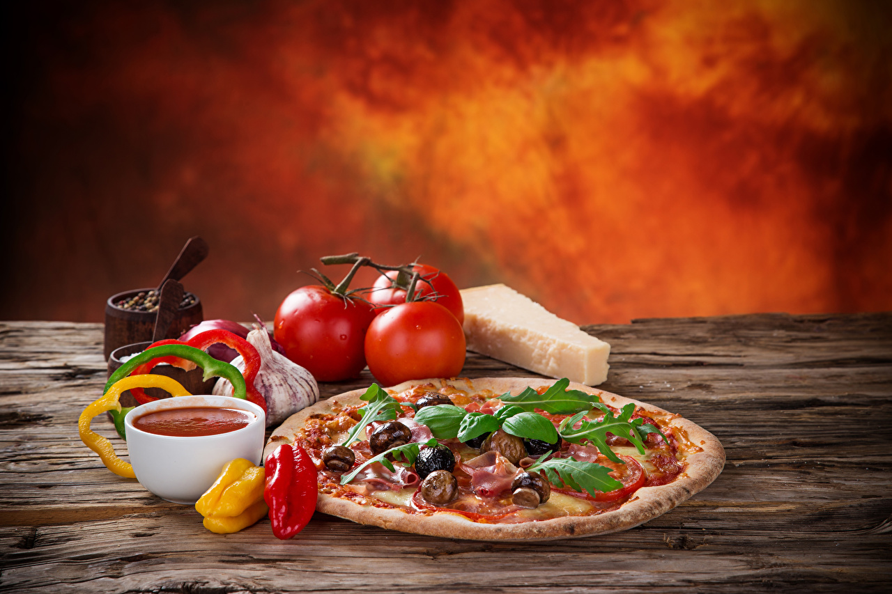 Pizza On Table With Background - HD Wallpaper 