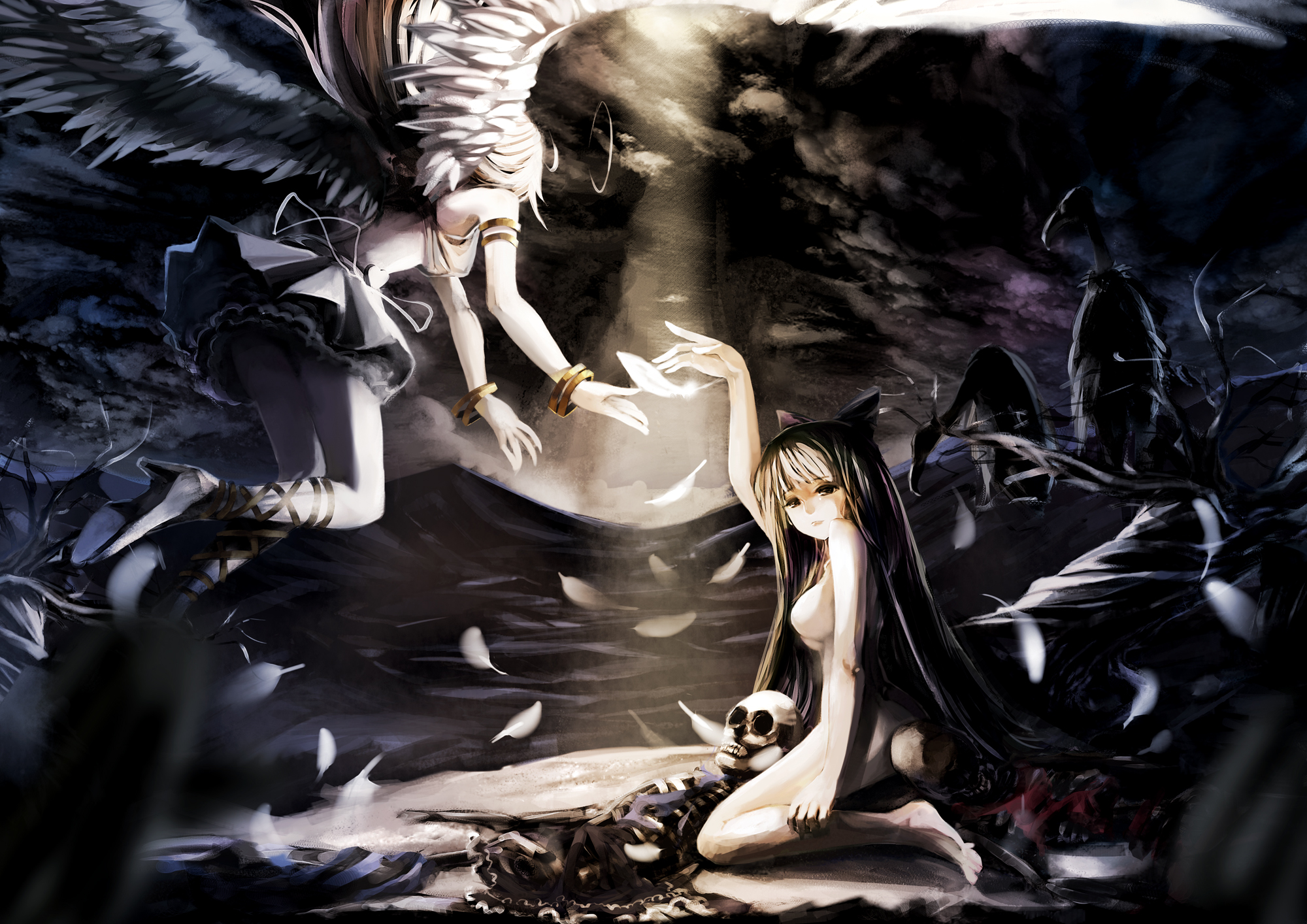 Miro Bones Bow Dark Feathers Halo Long Hair Nude Panty - HD Wallpaper 