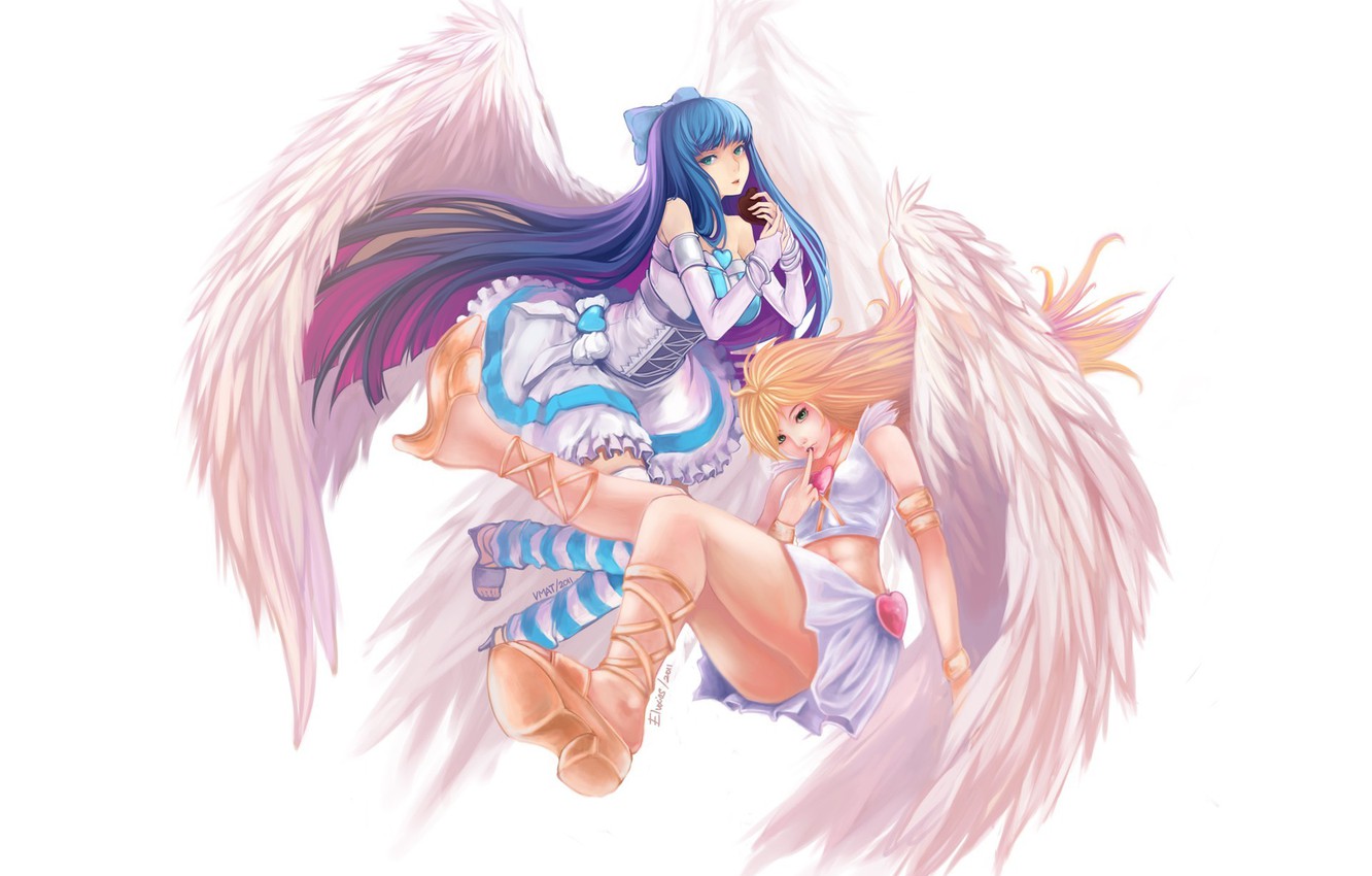 Photo Wallpaper Girls, Wings, Art, Hearts, White Background, - Panty And Stocking Angle Wings - HD Wallpaper 