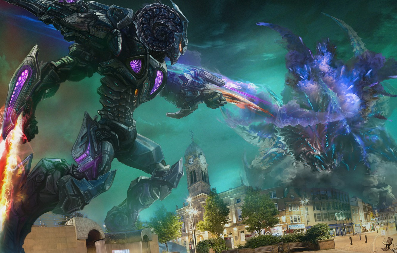 Photo Wallpaper Night, The City, Battle, Art, Pacific - Pacific Rim Kaiju Art - HD Wallpaper 