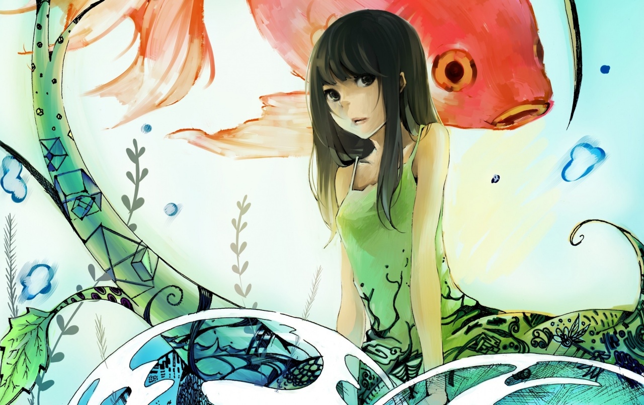 Cute Anime Girl & Fishes Wallpapers - Anime Koi Fish Art - HD Wallpaper 