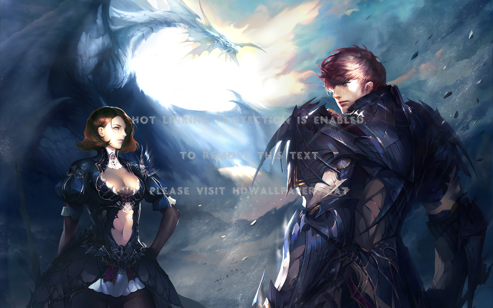 Lineage 2 Couple Blue Woman Dragon Girl Guy - Female Human Fantasy Art - HD Wallpaper 