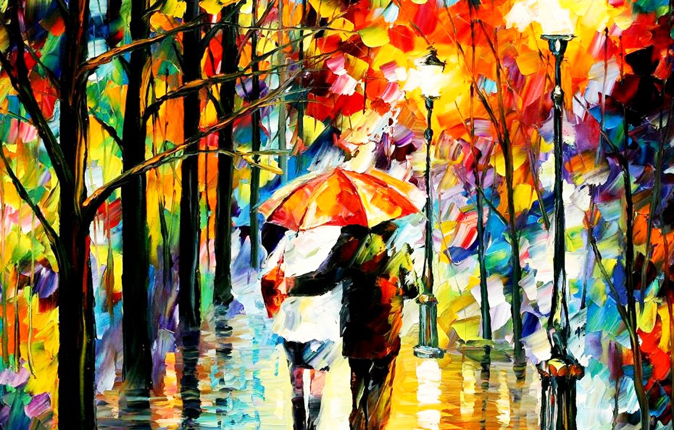 Photo Wallpaper Autumn, Lights, Park, Rain, Picture, - Couple In Rain With Umbrella Painting - HD Wallpaper 