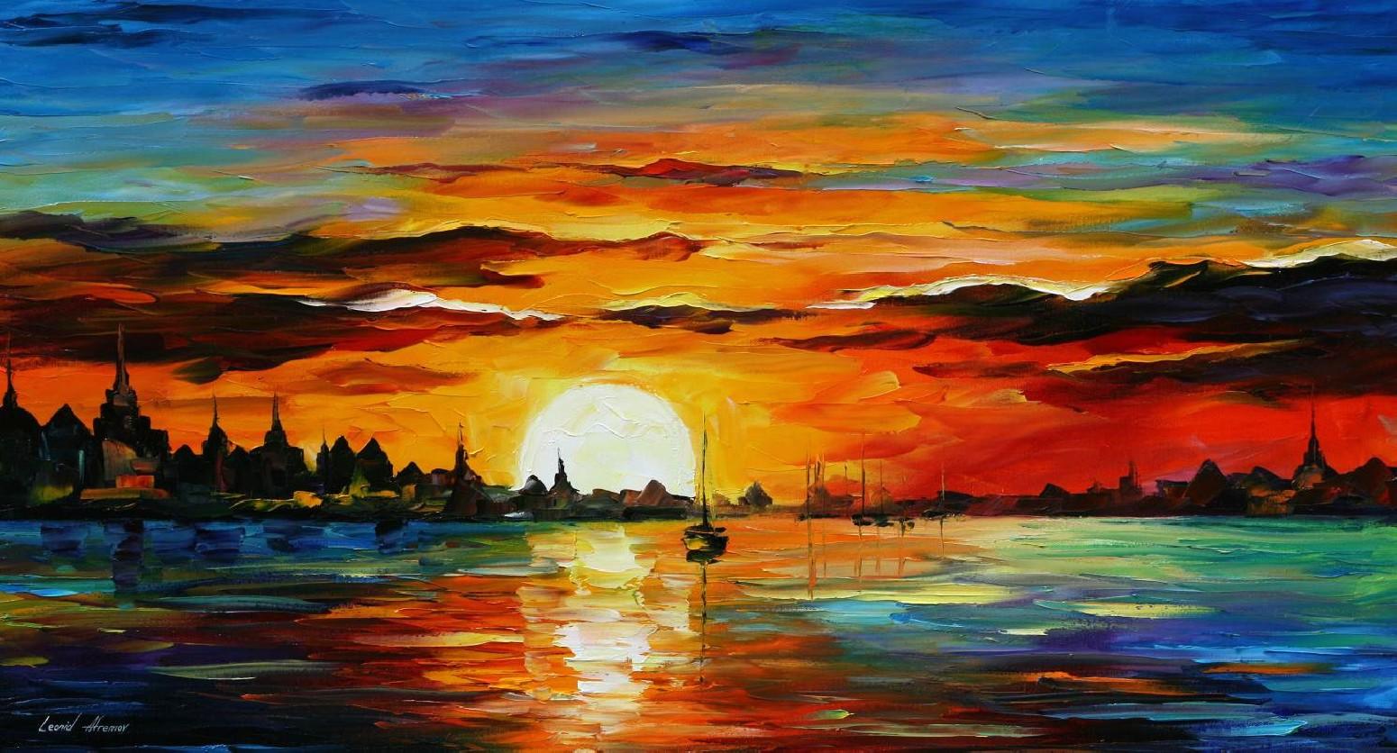 Sunrise In The Harbor Palette Knife Oil Painting On - Sunrise In The Harbor - Palette Knife Oil Painting - HD Wallpaper 
