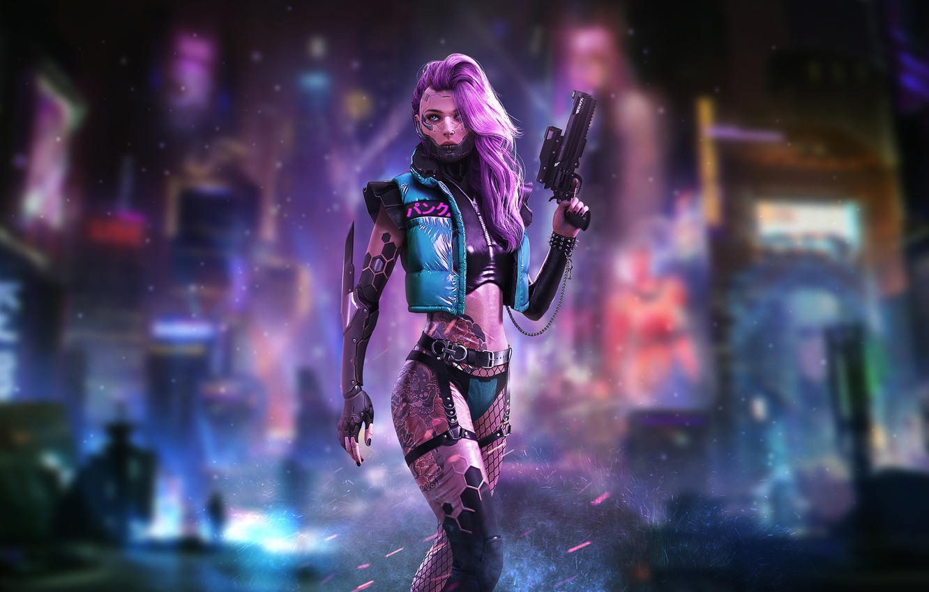 Photo Wallpaper Girl, The City, Robot, Gun, Neon, Girl, - Cyberpunk Girl Wallpapers Hd - HD Wallpaper 