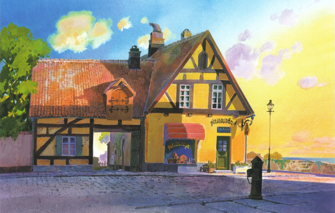 Photo Wallpaper Clouds, House, Street, Crane, Sketch, - Kiki's Delivery Service House - HD Wallpaper 