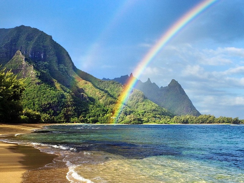 Glorious Rainbow On Hawaiian Beach Wallpaper - Beautiful Places With Rainbow - HD Wallpaper 