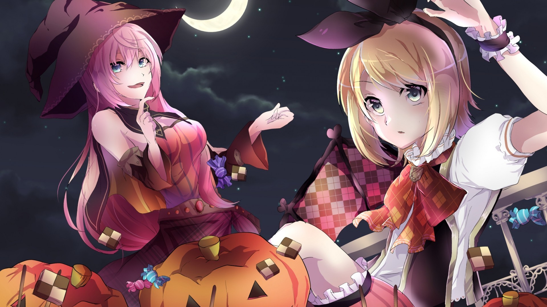 Megurine Luka, Kagamine Rin, Halloween, Pumpkins, Pink - Luka Megurine Anime Halloween - HD Wallpaper 