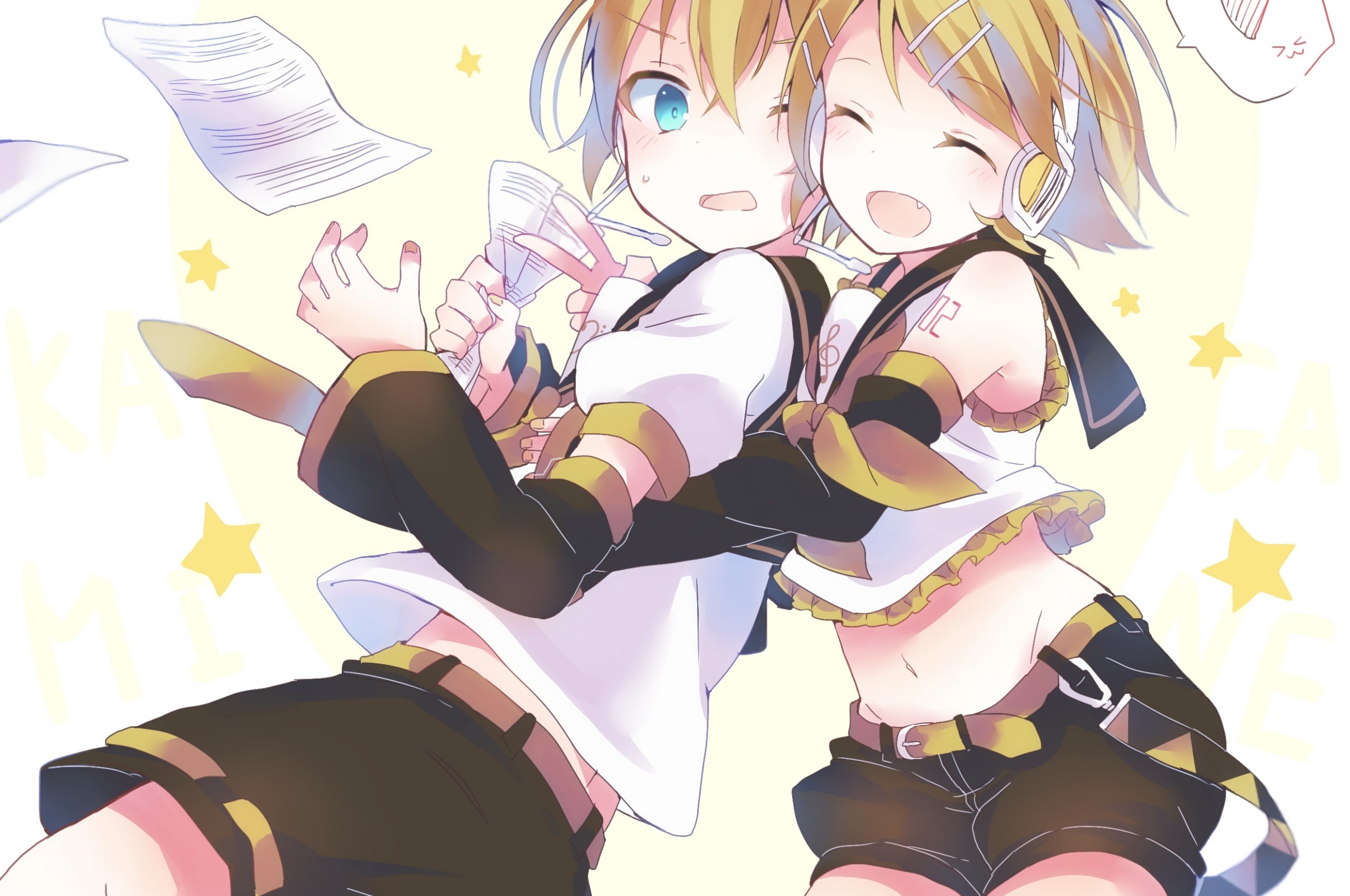 Vocaloid, Kagamine Rin, Kagamine Len, Smiling, Headphones, - Kagamine Rin Len Fanart - HD Wallpaper 
