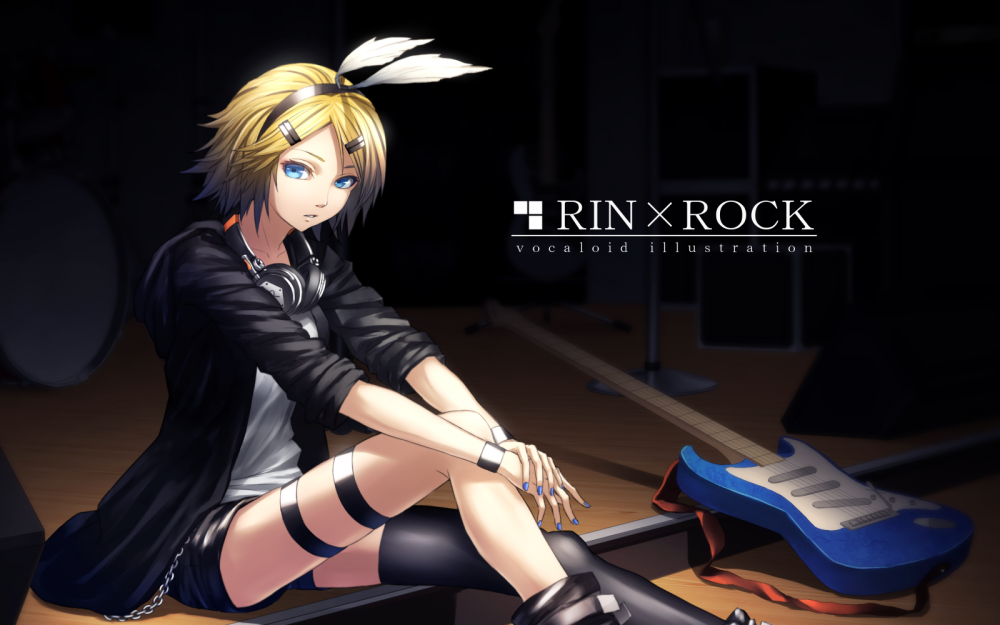 Kagamine Rin, Vocaloid, Blonde, Sitting, Headphones, - Rin Kagamine Avec Guitare - HD Wallpaper 