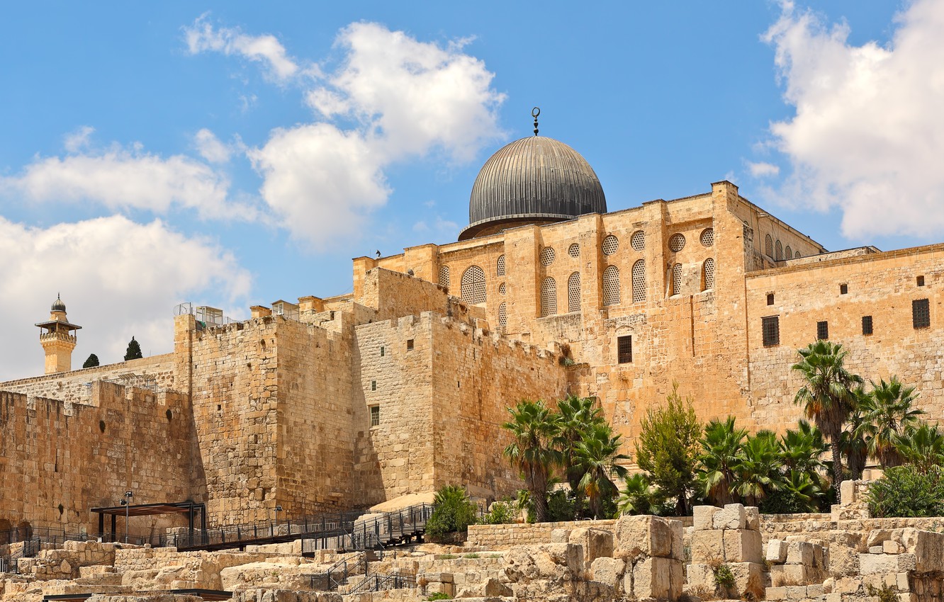 Photo Wallpaper The Sky, The Sun, Clouds, Stones, Palm - Al-aqsa Mosque - HD Wallpaper 