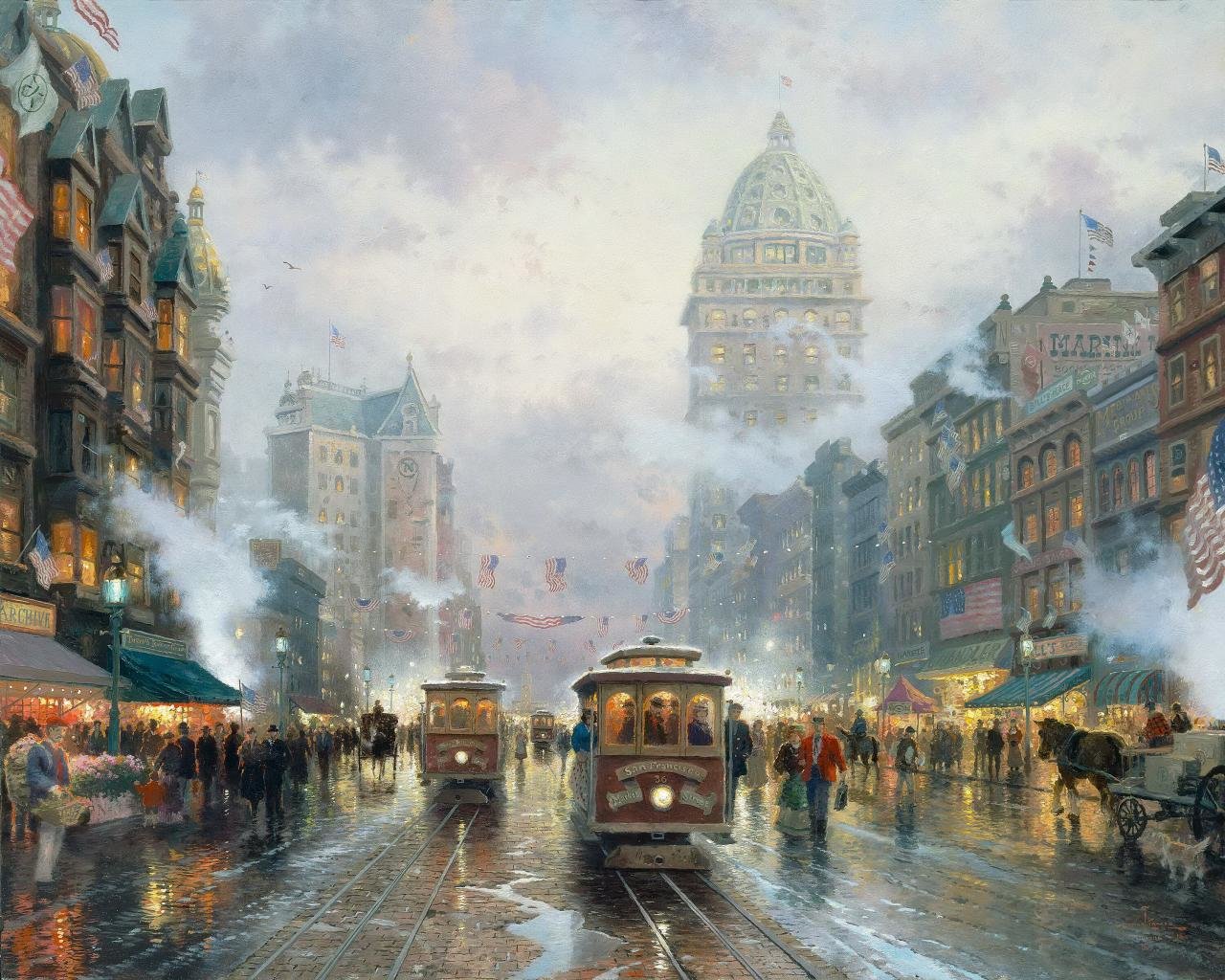 Free Download Oil Painting Wallpaper Id - Thomas Kinkade San Francisco Market Street - HD Wallpaper 