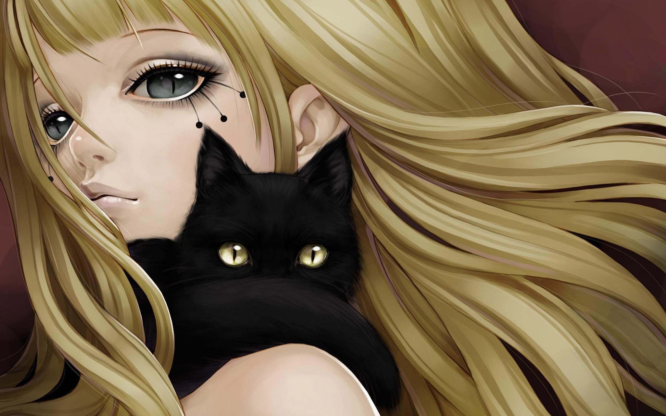 Blonde Girl And Its Black Cat - Black Cat Anime Girl - HD Wallpaper 