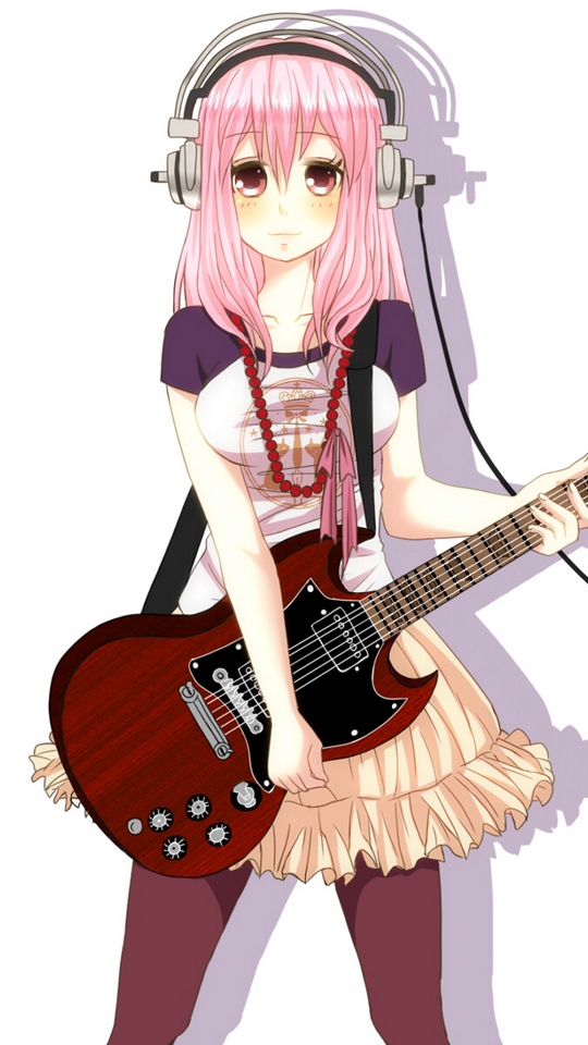 Wallpaper Nitroplus, Super Sonico, Girl, Guitar, Headphones, - Anime Electric Guitar Play Girl - HD Wallpaper 