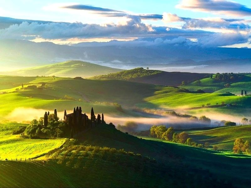Tuscany Wallpaper Wallpaper Fields Trees Top View Fog - Tuscany Italy Wallpaper Pc - HD Wallpaper 