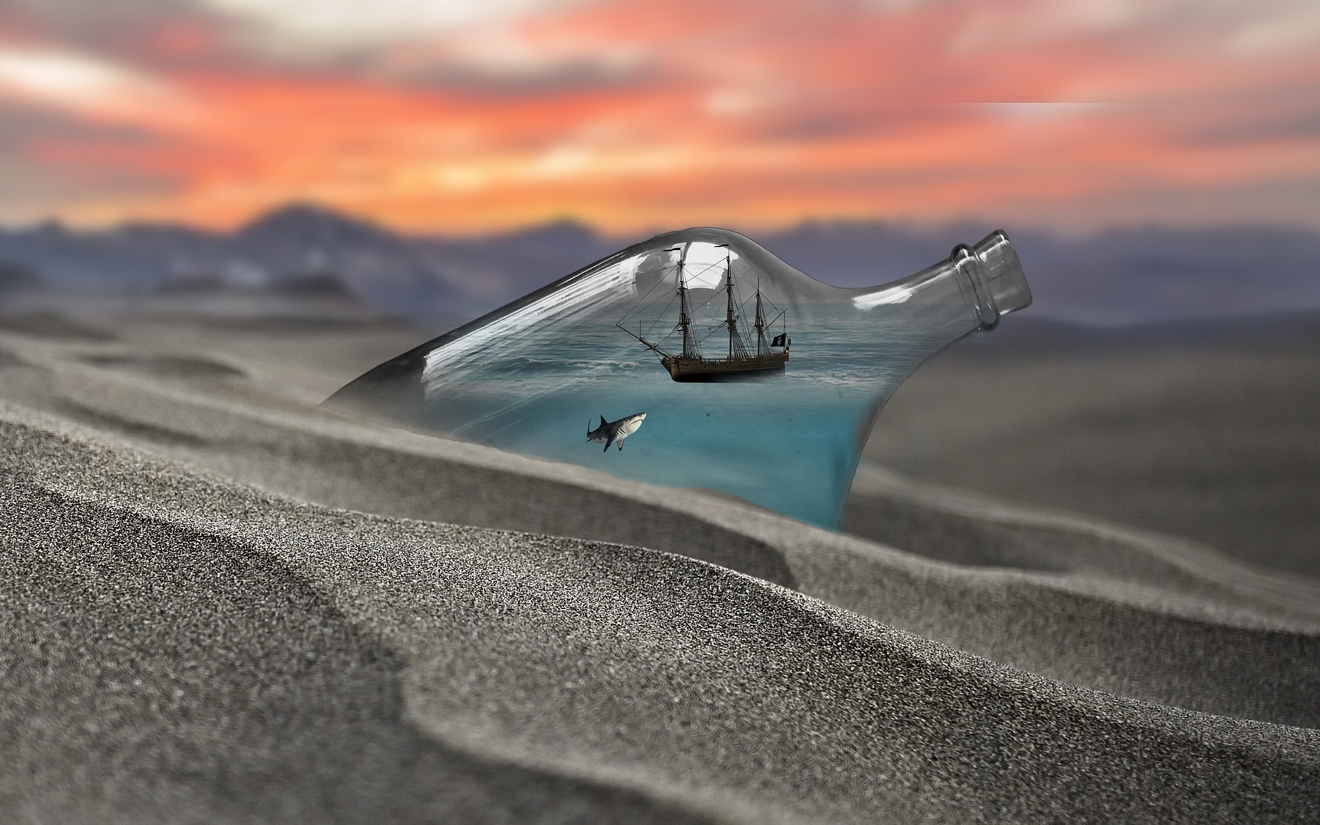 Wallpaper Bottle, Shark, Ship, Beach, Creative Picture - Ship In A Bottle Hd - HD Wallpaper 