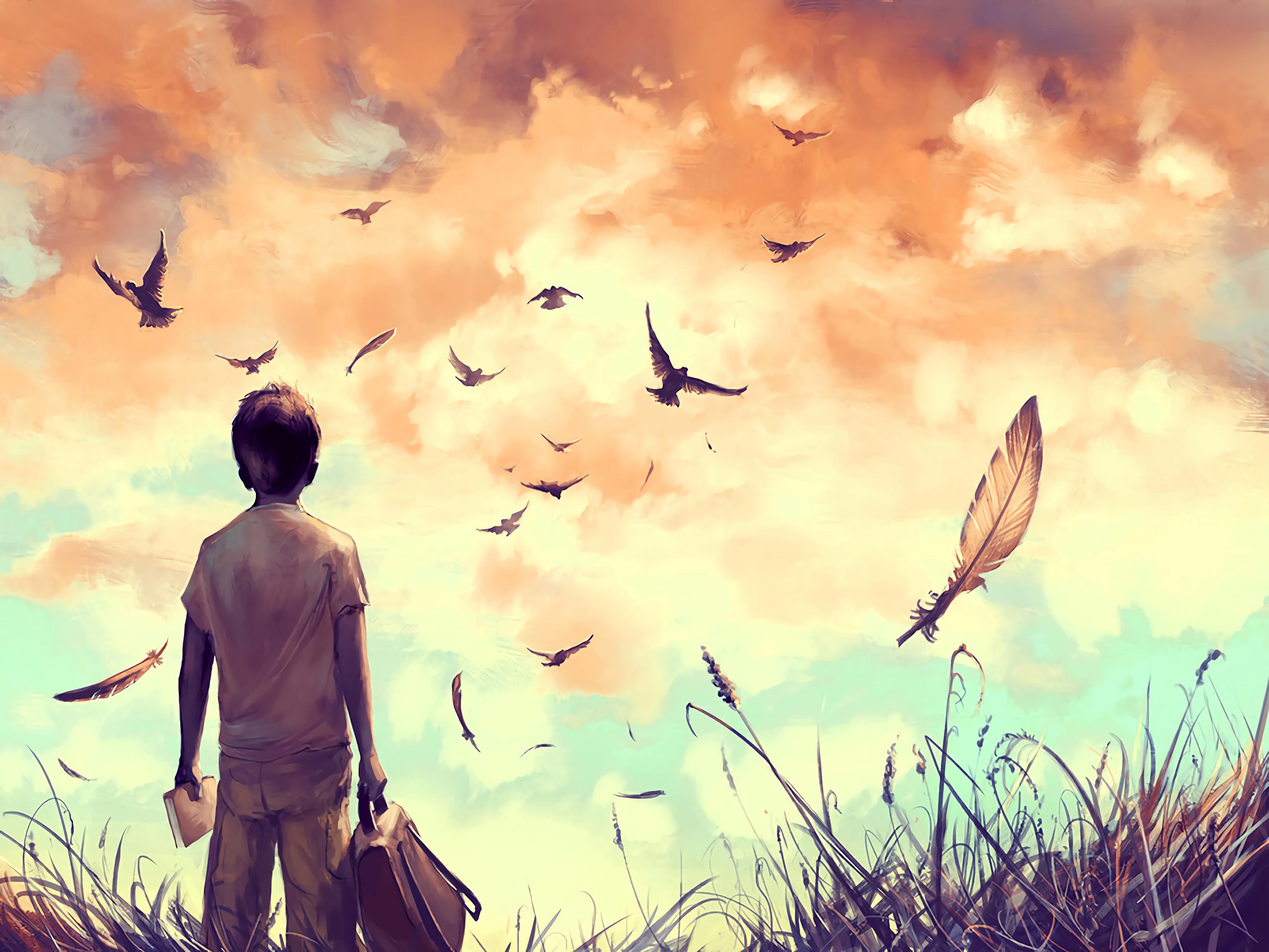 Guy, Birds, Art, Loneliness, Solitude - HD Wallpaper 