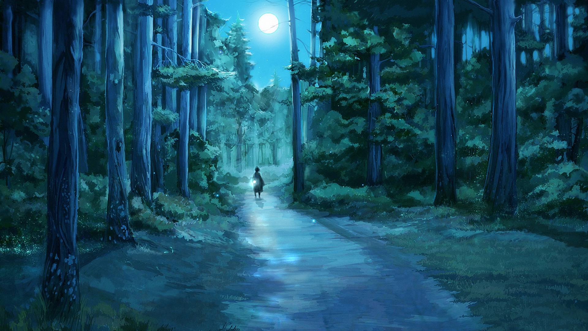 Forest In Night Time Drawing - HD Wallpaper 