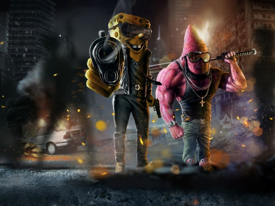 Wallpaper Spongebob, Patrick, City, Night, Destruction, - Spongebozz And Patrick Bang - HD Wallpaper 