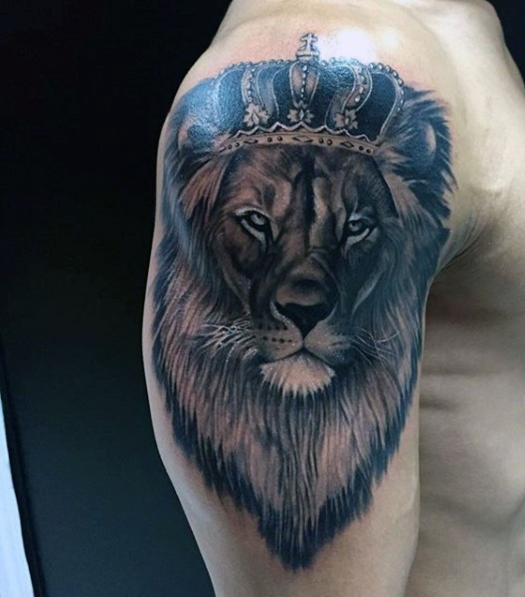 Black & White Lion Crown Shoulder Tattoo Design - Lion Head Tattoo Shoulder - HD Wallpaper 