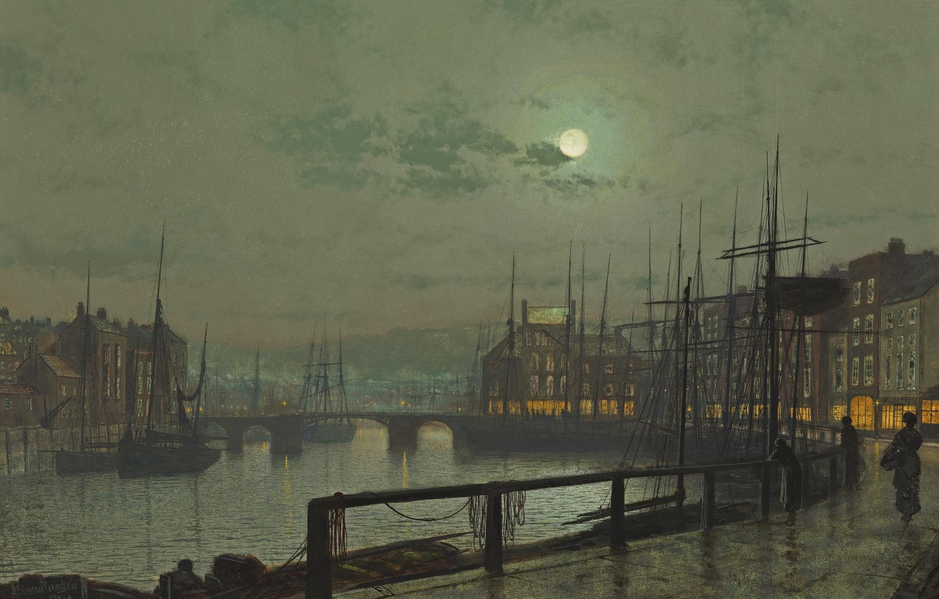 Photo Wallpaper The Sky, Clouds, Bridge, River, People, - Grimshaw John Atkinson Moonlight - HD Wallpaper 