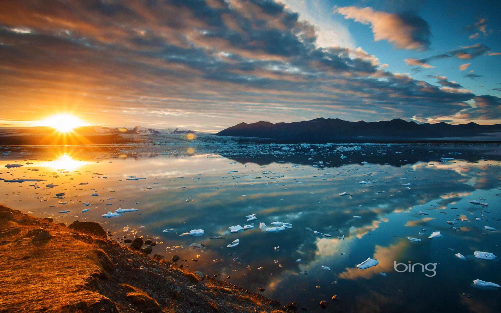 Hd Ekyulsaurloun Lagoon Iceland Lake Sunset Mountains - HD Wallpaper 