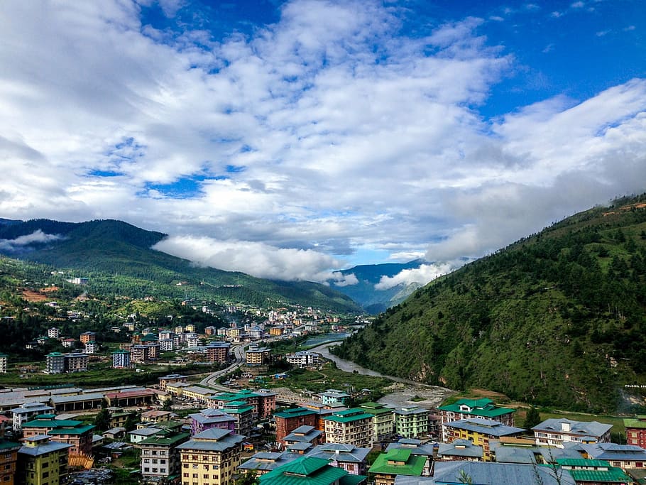 Aerial View Of City Near Mountain During Daytime, Bhutan, - HD Wallpaper 