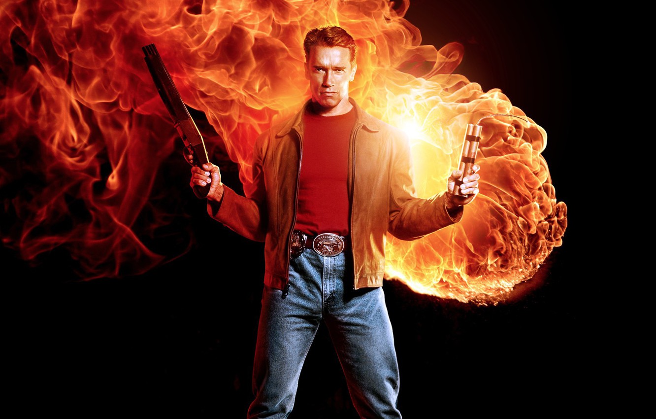 Photo Wallpaper Fire, Flame, Man, Hero, Shotgun, 1993, - Last Action Hero Movie Banner - HD Wallpaper 